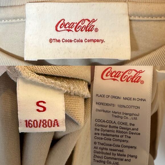 Coca-Cola Embroidered Beige T Shirt Crew Pursed Logo, size Small - Picture 4 of 4